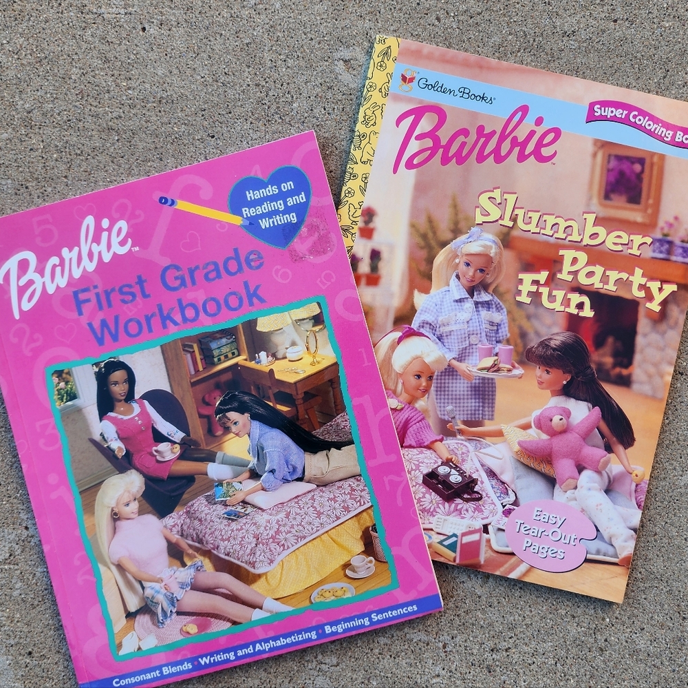 Vintage Mattel‎ 1999 Barbie Slumber Party Fun and 2000 First Grade Workbook Set